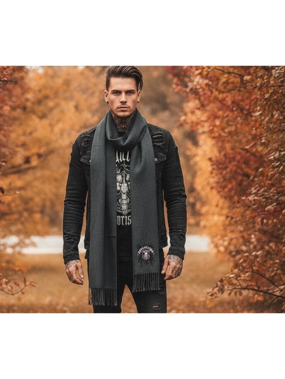 Affliction Clothing Black Fringed Scarf Skull Wing Graphic Embroidered